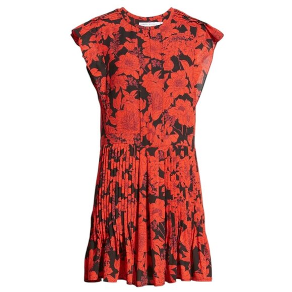 Rebecca Minkoff Mini Dress Large Red Flutter Sleeve Floral Pleated Ruffle Sz S - Picture 5 of 13